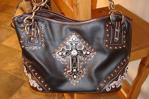 New Western Black w/ Brown Accents Rhinestone Purse Handbag w/ Cross 