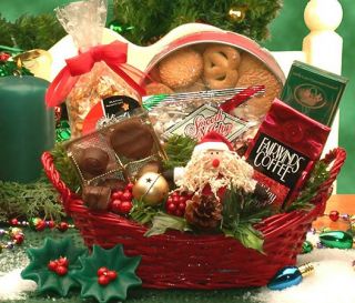 This red holiday wicker tray bears the Holiday Cheer gift basket.