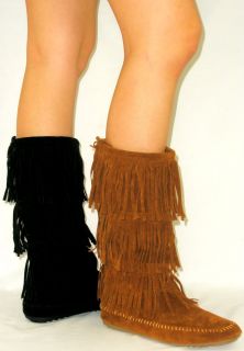 Cherokee Indian Faux Suede Moccasin Fringe Tassel Flat Boots Mid Calf 