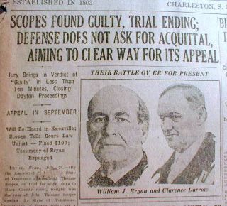 1925 Newspaper Scopes Trial Verdict Guilty Dayton Tennessee Theory of