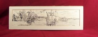 Vintage Ink Drawing 17th Century SHIP in Harbor Mayflower Signed Carol