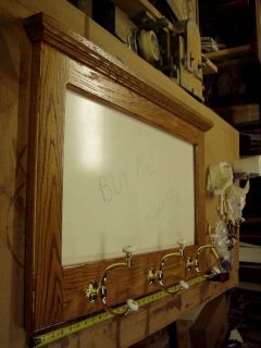 Message Board Coat Rack Oak Wall Shelf with Brass and Porcelain Hooks