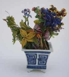 Chinese Blue & White Porcelain Square Pot Planter Bead Beaded Flower