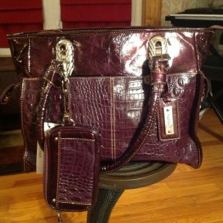 Madi Claire Burgandy Patent Leather Croco Embossed Handbag Tote And