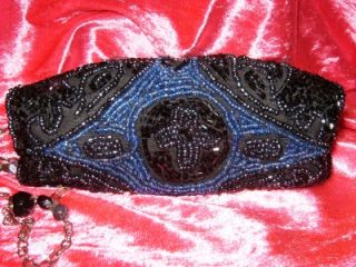Christiana Beautiful Vintage Style Black Blue Beaded Handbag Purse Bag