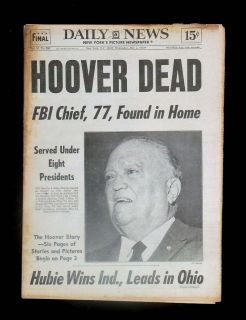  Hoover Death NY Daily News Newspaper FBI Bonnie & Clyde John Dillinger