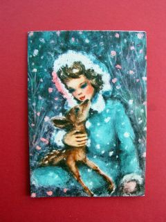  Crestwick Unused Christmas Greeting Card Girl with Deer in Snow Lovely