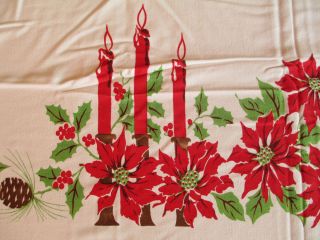 Vintage Christmas Linen Tablecloth Candles Poinsettia Pine Cones 72x57