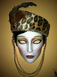 Clay Art Ceramic Mask Pretty Lady with Leopard Print Hat Extremely