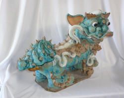 Chinese Antique Colorful Carved Shiwan Foo Dog AWK1217
