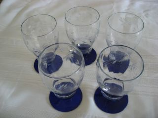 Vintage Cobalt Blue Base Cut Crystal Water Goblets Glasses