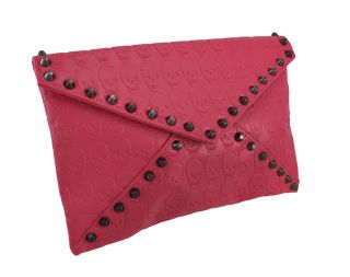 Hot Pink Skull Embossed Envelope Clutch Purse with Hematite Studs
