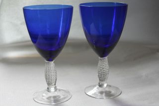 Pair Vintage Cobalt Blue Stemware Wine Glasses Goblets Twist Stem