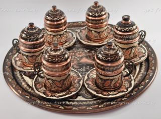 Turkish Coffee Espresso Set Hand Crafted Copper Tray Cup Pot Porcelain