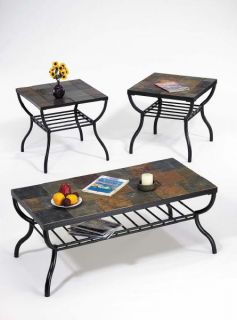 NEW 3PC NATURAL STONE SLATE TOP BLACK METAL COFFEE END TABLE SET