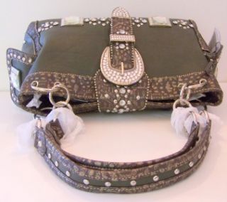 NWT Montana West Green/Brown Leather Handbag Dazzling Silver Studs RS