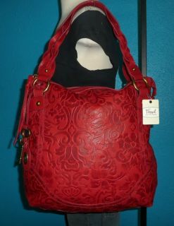 NWT FOSSIL Vintage Colby LARGE RED Leather Floral Embossed Hobo Purse