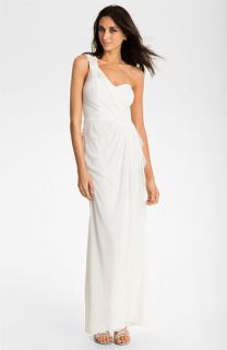 Xscape Beaded One Shoulder Sheer Mesh Gown
