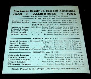 Clackamas Oregon 1963 Jr Baseball Jamborees Schedule
