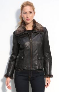 Marc New York Leather Jacket with Genuine Rabbit Fur Trim (Petite)
