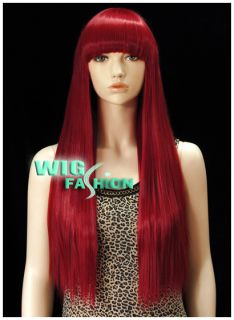New Irregular Long Straight 27 in. Dark Red Hair Wig With Bangs