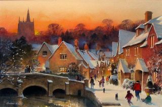 Original Watercolour Painting of Castle Combe in Winter