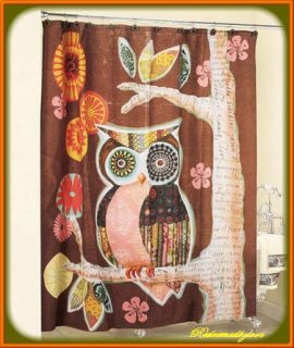 BATHROOM BROWN OWL TREE FLORAL LEAVES FABRIC SHOWER CURTAIN CHOCOLATE