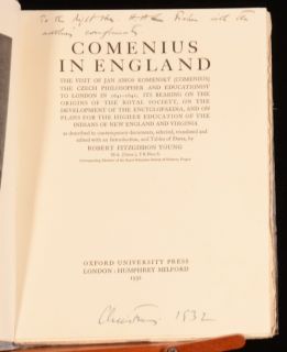 1932 Comenius in England by R Fitzgibbon Young H A L Fisher Signed
