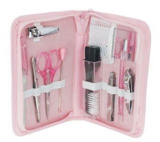10 Piece Pink Faux Leather Manicure Set with Zip Closure —