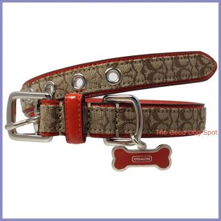 Coach Signature Geranium Leather Dog Collar with Bone Charm Medium