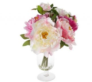 Williamsburg 12 inch Peony in Glass Vase & Faux Water Centerpiece 