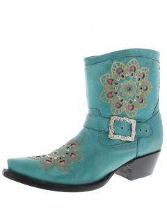 Womens Ladies Turquoise Short Leather Ankle Cowboy Boots Western