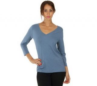 LOGO by Lori Goldstein V neck Tee with 3/4 Sleeves and Side Slits 