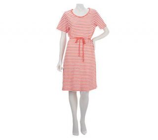 Denim & Co. Short Sleeve Stripe Slub Knit Dress w/Tie   A225517
