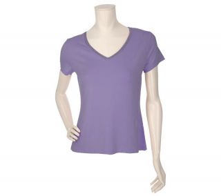 Perfect by Carson Kressley V neck T shirt with Jeweled Trim — 