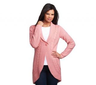 Motto Button Front Shawl Collar Cardigan with Cable Detail —