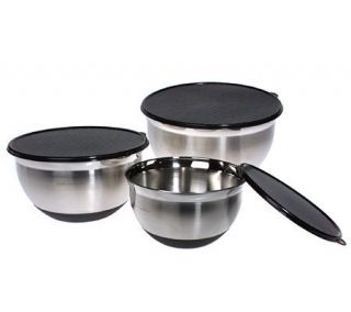 cooksessentials Stainless Steel 3pc Non Slip Bowl Set with Plastic 