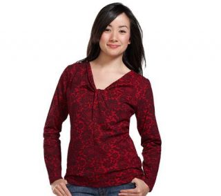 Liz Claiborne New York Lace Print V Neck Twist Knit Top —