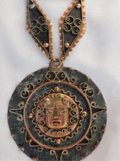 Large Vtg Aztec Brass Copper Tribal Medallion Necklace Hand Crafted
