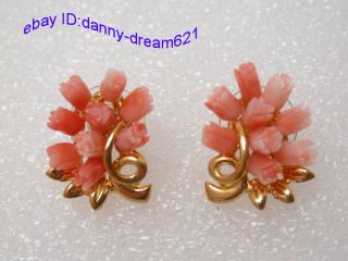 Classic Natural Pink Carved rose Flower Coral Earrings