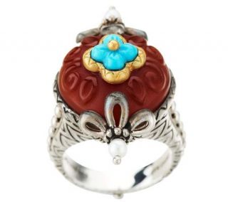 Barbara Bixby Carved Carnelian & Turquoise Ring Sterling/18K