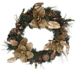 BethlehemLights Prelit 24 Magnolia Wreath with Pine Cones —