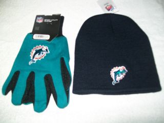 MIAMI DOLPHINS NFL FOOTBALL WINTER BEANIE HAT AND GLOVES GIFT SET NWT