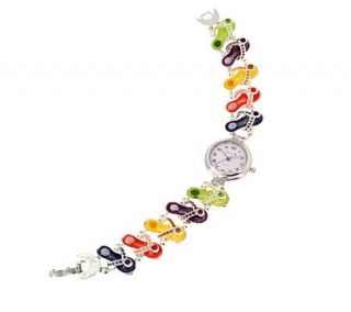 Silvertone Multi color Enamel Flip Flop Bracelet Watch —