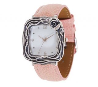 Or Paz Sterling Cushion Shape Rose Accent Leather Strap Watch