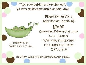Personalized Pea in A Pod Twins Baby Shower Invitations