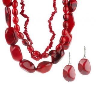 Triple Strand Bold Simulated Gemstone Necklace & Earring Set
