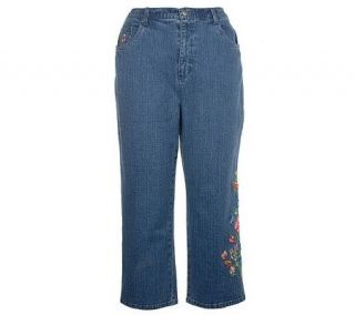 Quacker Factory CrosshatchDenim Floral Embroidered Crop Pants