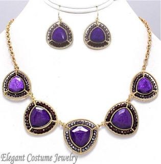 Purple Stone Gold Necklace Set Chunky Elegant Costume Jewelry