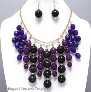  Purple Grape Drops Gold Tone Neckace Set Elegant Costume Jewelry